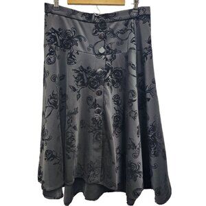 Jemma Womens Midi Skirt Large Black Velvet Floral Button Front Whimsygoth Witchy